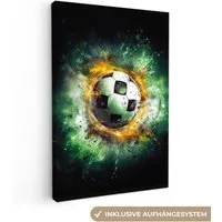OneMillionCanvasses® Leinwandbild Ball - Fußball - Grün - Orange - Rauch, Fotodruck (1 St), Teenager Zimmer Bild, Jugendzimmer Deko, Kinder Wanddeko, 20x30 cm