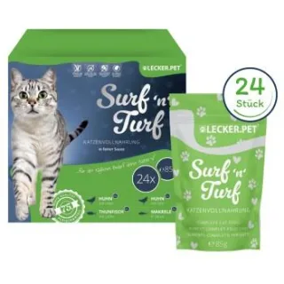 Lyra Pet Lecker.Pet Surf'n'Turf Pouches Katzenfutter in feiner Sauce Nassfutter 4er Mix Multipack 4 Stück