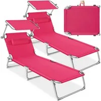 tectake Gartenliege Sonnenliege, verstellbare Rückenlehne mit Kopfpolster, 190 x 68 x, Balkonliege Chloé mit Seitentasche, 2 St., für Außen in Rosa, klappbar, verstellbares Sonnendach, widerstandsfähig und UV-beständig
