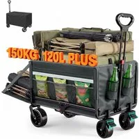 HOMECALL Bollerwagen Gartenwagen bis 150kg Handwagen Strandwagen Klappbar Transportwagen (Inkl. Regenabdeckung! Kapazität erweiterbar durch 2 Aufbewahrungstaschen, 120L+ , Campingwagen mit Reflektorstreifen), Für Einkaufen, Camping, Garten, Dogs