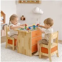 FUFU&GAGA Kindersitzgruppe Massivholz, Tisch mit 2 Stühlen & Stauraum