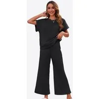 Imily Bela Hausanzug Damen Loungewear-Sets (Set, 1 tlg., Kurzarmtops + Cropped-Hosen mit weitem Bein) einfarbig
