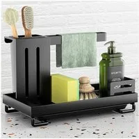 BlingBin Küchenorganizer-Set Spülbecken Organizer mit Abflusspfanne & Lappenhalter, (1er Set, 1-tlg., Edelstahl Waschbecken Organizer), Universeller Küchenorganizer Für Schwämme, Bürsten & Seife, Schwarz
