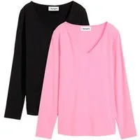 bonprix Langarmshirt (Packung, 2-tlg) Slim fit Passform, mit V-Ausschnitt, aus Baumwolle und Elasthan