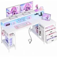 Klyvvo Schreibtisch mit 3 Schubladen, Gaming Schreibtisch L Form mit LED (1-St), mit Stauraum für Homeoffice und Gaming, Weiß