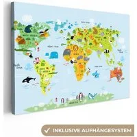 OneMillionCanvasses® Leinwandbild Weltkarte - Kinder - Tiere - Natur - Jungen - Mädchen, Fotodruck (1 St), Leinwand Bilder Klein, Wand Dekoration Aesthetic 30x20 cm