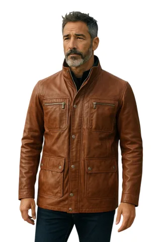 Braune Militärjacke aus Leder für Herren – Moura