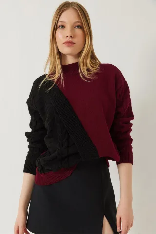 Gemusterter halber Rollkragen-Ripp-Strickpullover