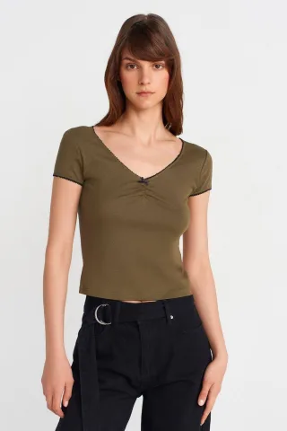 Damen Baumwoll-Crop-Bluse mit Rüschensaum