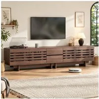 Merax Lowboard in Walnuss Holzoptik (1 St., Fernsehtisch für bis 80 Zoll), TV Schrank mit 4 Flügeltüren, 2 Schubladen & 6 Fächer, 200×39,5×55cm