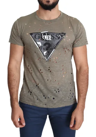 Guess T-shirt marron en coton stretch imprimé logo pour hommes, décontracté et perforé
