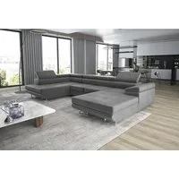 thematys Ecksofa GRENADA in Samt Monolith oder Cord Poso Stoff 355 x 162 cm, U-Form 3 Teile XL-Wohnlandschaft mit Schlaffunktion und Bettkasten