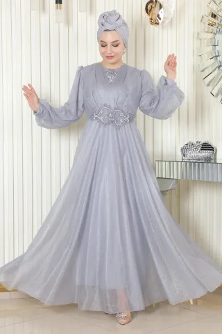 Perlen Detailed Drapiert Glitzernd Abendkleid Grau