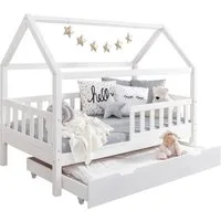 Ticaa Hausbett Kay mit Rausfallschutz und Schubkasten aus Kiefer, Kinderbett 80x160, inkl. Dach, mit Rollrost