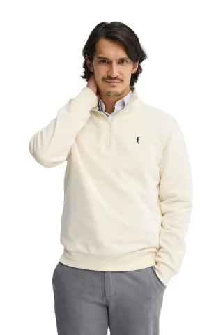 Sweatshirt ecru mit hohem Zip-Kragen und Rigby Go Stickerei