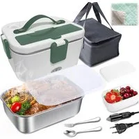 MOPUEA Elektrische Lunchbox 3 in 1 Elektrische Lunchbox Brotdose schnelles Erhitzen von Speisen, (1,8 L Großes Fassungsvermögen, mit Löffel und Gabeln, Tragetasche und Reinigungstuch), aus Edelstahl für Zuhause Auto, Design mit zwei Fächern