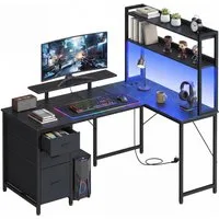 VASAGLE Schreibtisch L-Form Eckschreibtisch mit Steckdosen und LED-Beleuchtung, Computertisch mit 3 Schubladen und Monitorständer, 140 x 100 x 150 cm
