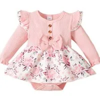 Gluckids Strampler Baby Mädchen süßer Langarm Strampler&Stirnband Outfits für 0-18 Monate (Set, 2-tlg) Neugeborene Rüschen Pulloverkleid Bowknot A-Linie Kleid Stirnband Sets