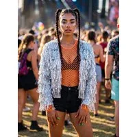 Metamorph Kostüm Glitzer Festivaljacke silber, Fransenjacke mit Lametta-Overload