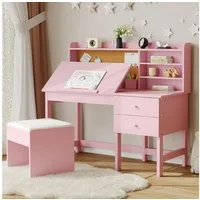 GarveeMore Kinderschreibtisch - und Stuhlset,Holzschreibtisch mit verstellbarer Tischplatte, Schubladen und Korktafel,Lernset für Jungen und Mädchen von 3–8 Jahren