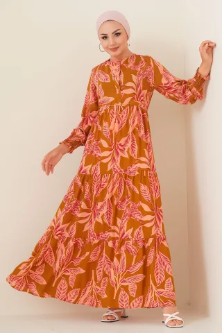 Blattmuster Langarm Stufen-Maxi-Kleid