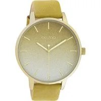 OOZOO Quarzuhr Damenuhr C10833 Goldfarben Glitzer-ZB Lederband Ocker 48 mm