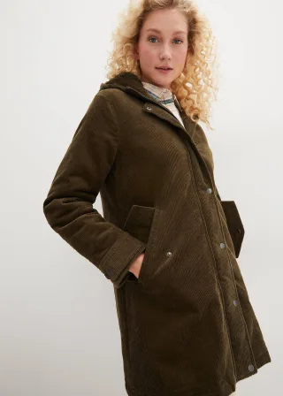 bonprix Warmer Cord-Parka mit Teddy-Futter in der Kapuze in A-Linie, grün, Gr.42, Modischer Parka aus Cord mit kuscheligem Teddy-Futter in der Kapuze in kaschierender Länge., aus Cord