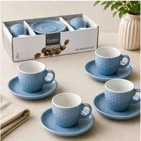 Koopman Tasse Kaffeetassen Espressotassen Untertasse Keramik 8tlg 90ml, 8-tlg., Keramik, Blau, 4 Tassen + 4 Untertassen, Wabenmuster, 90ml je Tasse, Geschirr