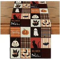 Bomiclss Tischläufer Halloween Tischläufer mit schwarzer Katze, Fledermaus- und Kürbismotiv, Tischdekoration für Halloween, Party und Esstisch