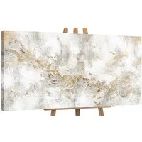 YS-Art Gemälde Geschichte, Abstrakte Bilder, Leinwand Bild Handgemalt Gold Weiß Beige Gelb
