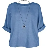 dy_mode Crinklebluse Damen Musselin Bluse Oversize Bluse Blusenshirt Oberteil Baumwolle in Unifarbe, mit passende Kette