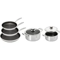 HENSSLERS Pfannen-Set, Edelstahl (Set, 7-tlg., je 1 Pfanne Ø 20/24/28 cm, je 1 Kochtopf Ø 20/24 cm), 3-Schicht Material, Wabenstruktur und Antihaftbeschichtung, Induktion