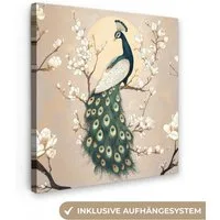 OneMillionCanvasses® Leinwandbild Pfau - Zweig - Blumen, Fotodruck (1 St), Wandbild, Deko Schlafzimmer Wohnzimmer Flur 20x20 cm
