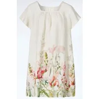 Himalaya Clothing Sommerkleid Kleid Damen mit floralem Aquarell-Print - Kurzarm Kleid aus Leinen Edles Midikleid atmungsaktiv & klimaregulierend