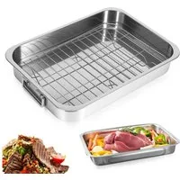 BlingBin Bräter Bratblech mit Gestell, Auflaufformen Ofenfest Edelstahl für Backofen, Edelstahl (1er Set, 1-tlg., Produktabmessungen: 33 × 23 × 5 cm), Backblech Stahlblech mit Griffen für Truthähne, Fleisch, Gemüse