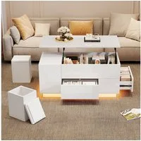 KLAM HOME Couchtisch Höhenverstellbarer LED-Couchtisch Weiß mit 2 Hockern (Hochglanz Sofatisch mit 2 Schubladen & Stauraum), Multifunktionaler Wohnzimmertisch bis 50kg Tragkraft