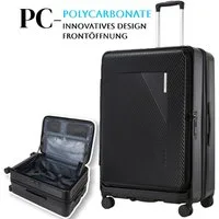 Super Solu Hartschalen-Trolley Erweiterbarer Reisekoffer mit Frontöffnung, Hartschalenkoffer 100% PC, 4 Rollen, 360° Doppelrollen, 24Zoll/66cm, Stoßfester Koffer mit TSA, Schwarz