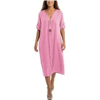dy_mode Hemdblusenkleid Damen Leinenkleid Midi Hemdblusenkleid mit V-Ausschnitt Freizeitkleid in Unifarbe, V-Ausschnitt, mit seitlichen Eingriffstaschen