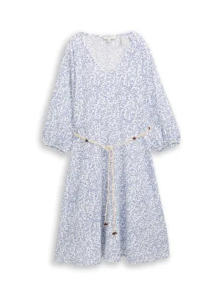Tom Tailor - Kleid mit Gürtel und Leinenanteil white small leaves design - Gr. - 36