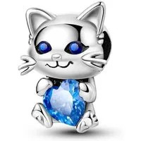 PANDACHARMS Bead Katze mit Blauem Herz Charm, 925 Sterling Silber mit Zirkonia