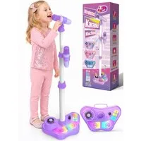 Wootoy Kinder Karaoke-Set 2 kabellosen Mikrofonen höhenverstellbarem Ständer Karaoke-Maschine (mit 5 Stimmeffekte Fußpedal LED-Lichteffekte integrierter Tragegriff)