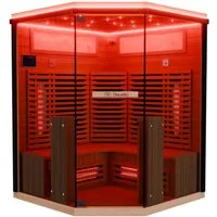 Dewello Sauna KENORA 140 Wärmekabine, 2-3 Personen, 7 Vollspektrumstrahler, BxTxH: 140 x 141 x 190 cm, (aus Hemlock-Tannenholz, leichter Aufbau dank Stecksystem, inkl. Ionisator mit Ozondesinfektion und Aromatherapie, Bluetooth & FM) klappbare Fronts