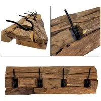 Online-Fuchs Garderobenleiste aus Teak Holz, Wandgarderobe mit 4 Haken aus Metall - 58 cm lang (rustikales Design, natürliche Optik), Treibholz-Look mit natürlicher Maserung und Rissen