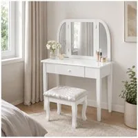 HTI-Living Schminktisch Melia aus Paulowniaholz mit Hocker und 3 fach Spiegel Weiß (Stück, 1-St., 1x Schminktisch Melia, 1x Hocker)