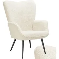 tectake Relaxsessel Polstersessel, bodenschonend, Belastbarkeit 150 kg, 72 x 76 x 100,5 (Fernsehsessel Hygge, in Bouclé Creme/Schwarz), gepolstert, Armlehnen und ergonomische Rückenlehne, runde Stahlbeine