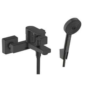 hansgrohe Vernis Shape Wannenarmatur mit Handbrause Komplettsett, schwarz matt, mit Pulsify S Hasndbrause, Brauseschlauch und Halter