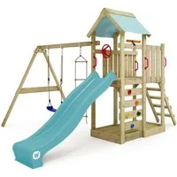 Wickey Spielturm MultiFlyer mit Schaukel & Rutsche und Kletterleiter, 10-Jahre Garantie*, Integrierter Sandkasten, Klettersteine