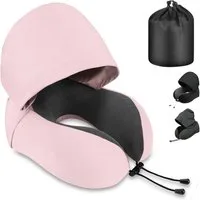 SURFOU Reisekissen Nackenkissen Flugzeug U-Form Nackenhörnchen Memory Foam mit Haube, Abnehmbarer, maschinenwaschbarer Kissenbezug, Verstellbare Kordel, Faltbares U-förmiges für optimale Nackenanpassung, Große Kapuze für effektiven Lichtschutz, mit A