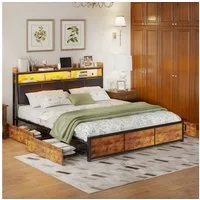PXloue Polsterbett LED Doppelbett Metallbett Massivholzbett, Stauraumbett,Mit 4 Schubladen und LED-Beleuchtung,160x200cm