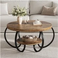 GarveeMore Couchtisch Runder77x77x45cm,zweistöckig,im Industriestil,mit verstellbaren Füßen, Ablagefläche und Holzoptik, einfache Montage